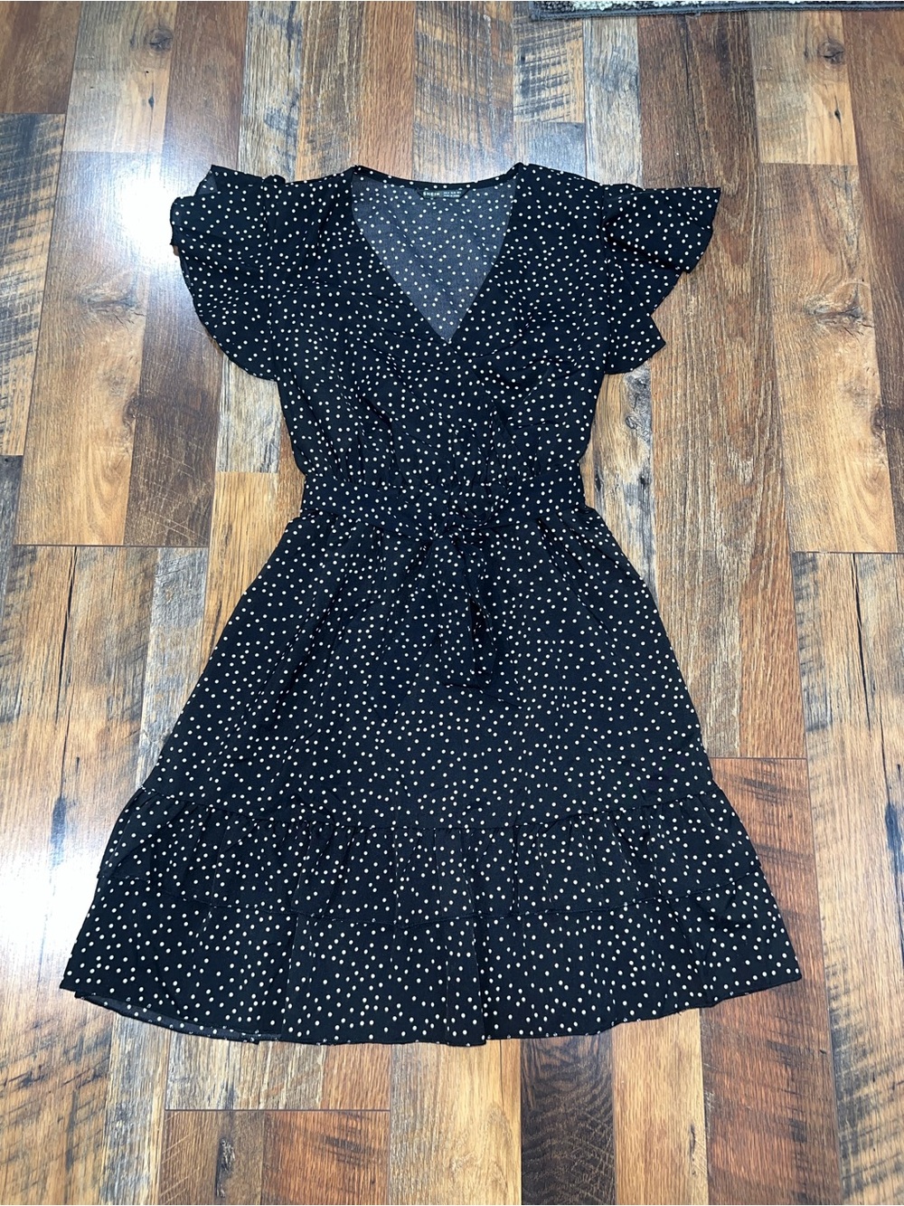 SHEIN Black Polka Dot Tie-Waist Ruffle Dress